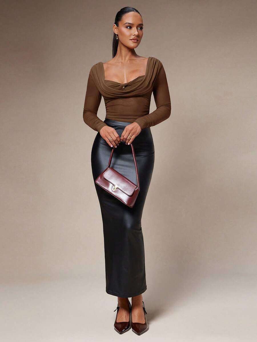 Silquee Women's Solid Color Plunging Neck Long Sleeve Fitted Fashionable Mesh Blouse See Through Top Mesh Top Top Long Sleeve Top