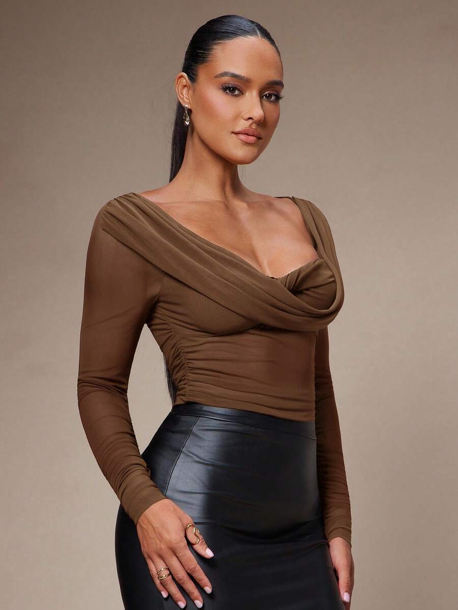 Silquee Women's Solid Color Plunging Neck Long Sleeve Fitted Fashionable Mesh Blouse See Through Top Mesh Top Top Long Sleeve Top