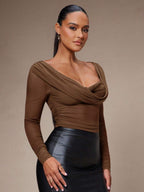Silquee Women's Solid Color Plunging Neck Long Sleeve Fitted Fashionable Mesh Blouse See Through Top Mesh Top Top Long Sleeve Top