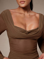 Silquee Women's Solid Color Plunging Neck Long Sleeve Fitted Fashionable Mesh Blouse See Through Top Mesh Top Top Long Sleeve Top