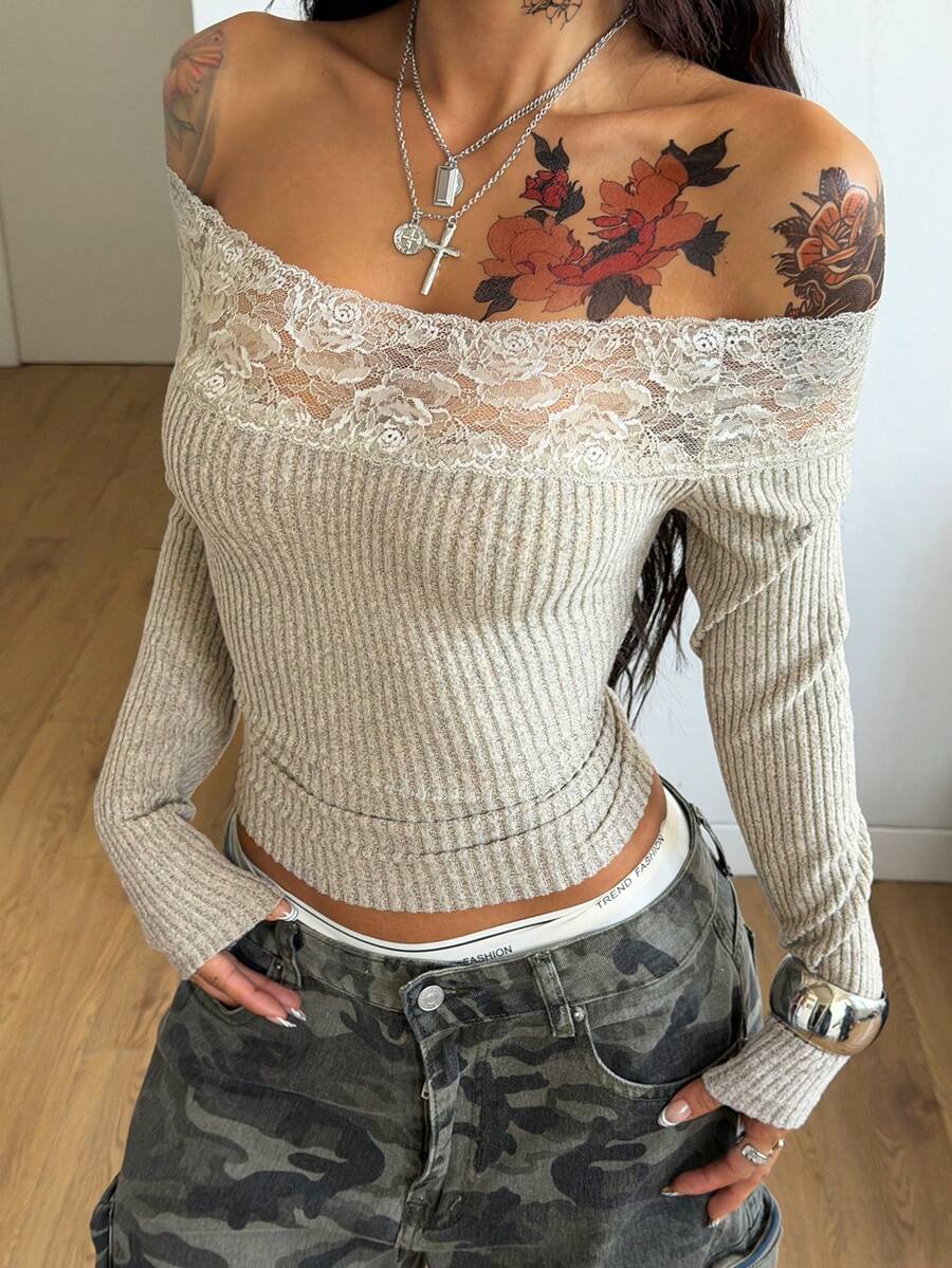 Coolane Women's Winter Streetwear Basic Casual Y2K Rib Knit Witchy Goth Music Festival  Lace Patchwork Off The Shoulder Warm/ Cold Weather/ Thermal Long Sleeve Black Top