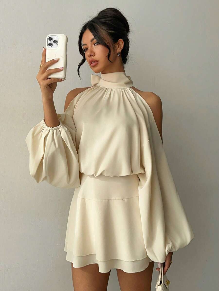 Aloruh Women's New Apricot Solid Color Mini Dress, Long Sleeve, Lantern Sleeve Design, A-Line Dress, Party Dress, Date Dress, Afternoon Tea Dress, Autumn/Winter New Year's Outfit For Women,Spring Outfit Women