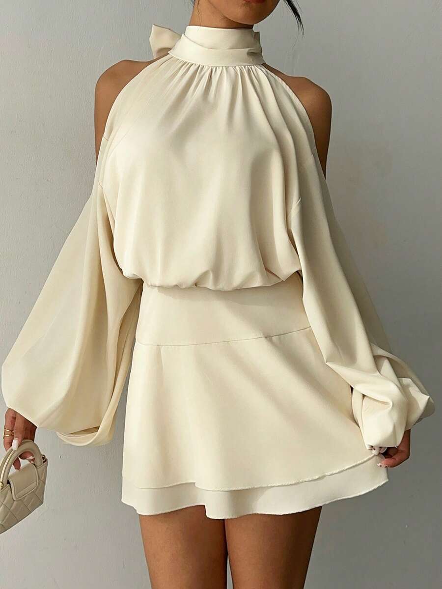 Aloruh Women's New Apricot Solid Color Mini Dress, Long Sleeve, Lantern Sleeve Design, A-Line Dress, Party Dress, Date Dress, Afternoon Tea Dress, Autumn/Winter New Year's Outfit For Women,Spring Outfit Women