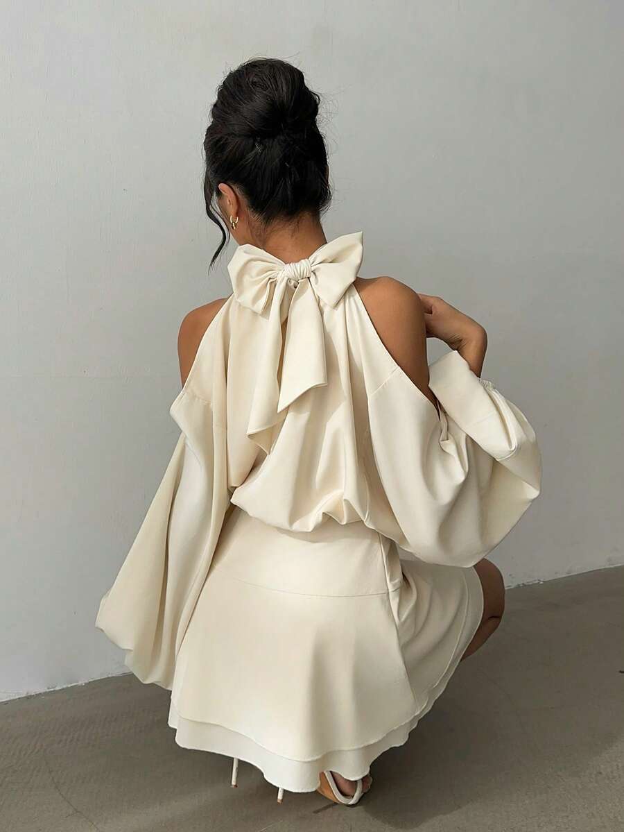 Aloruh Women's New Apricot Solid Color Mini Dress, Long Sleeve, Lantern Sleeve Design, A-Line Dress, Party Dress, Date Dress, Afternoon Tea Dress, Autumn/Winter New Year's Outfit For Women,Spring Outfit Women