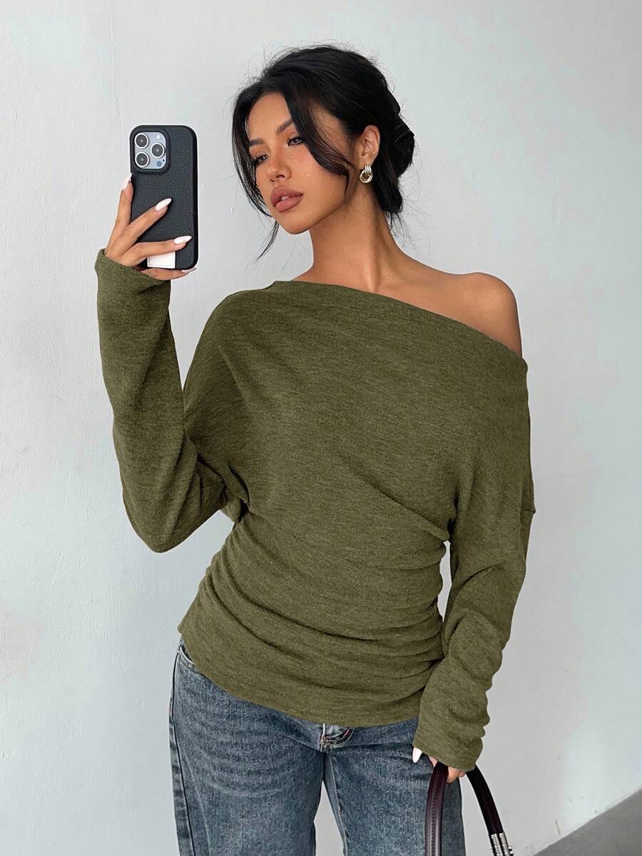 Aloruh Grey Knit Oblique Shoulder Casual Commuter Top, Autumn,Solid Color T-Shirt,Long-Sleeved T-Shirt,Old Money Style,Simple,Commuting,Business Casual Outfits Women,Office Outfits For Women,Work Tops,Fall Clothes,Autumn Outfits For Women,Off The Shoulder Top