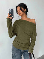 Aloruh Grey Knit Oblique Shoulder Casual Commuter Top, Autumn,Solid Color T-Shirt,Long-Sleeved T-Shirt,Old Money Style,Simple,Commuting,Business Casual Outfits Women,Office Outfits For Women,Work Tops,Fall Clothes,Autumn Outfits For Women,Off The Shoulder Top