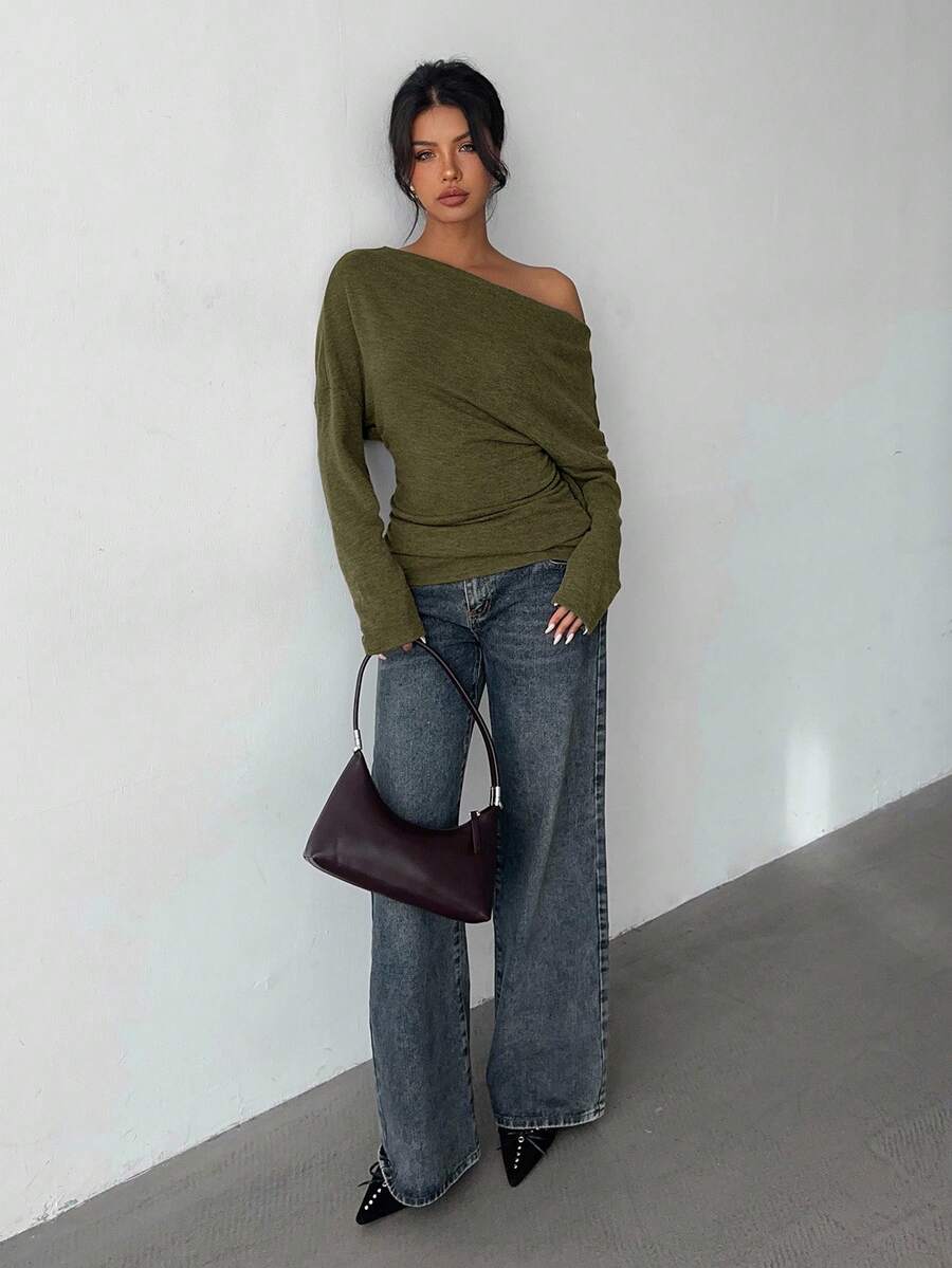 Aloruh Grey Knit Oblique Shoulder Casual Commuter Top, Autumn,Solid Color T-Shirt,Long-Sleeved T-Shirt,Old Money Style,Simple,Commuting,Business Casual Outfits Women,Office Outfits For Women,Work Tops,Fall Clothes,Autumn Outfits For Women,Off The Shoulder Top