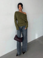 Aloruh Grey Knit Oblique Shoulder Casual Commuter Top, Autumn,Solid Color T-Shirt,Long-Sleeved T-Shirt,Old Money Style,Simple,Commuting,Business Casual Outfits Women,Office Outfits For Women,Work Tops,Fall Clothes,Autumn Outfits For Women,Off The Shoulder Top