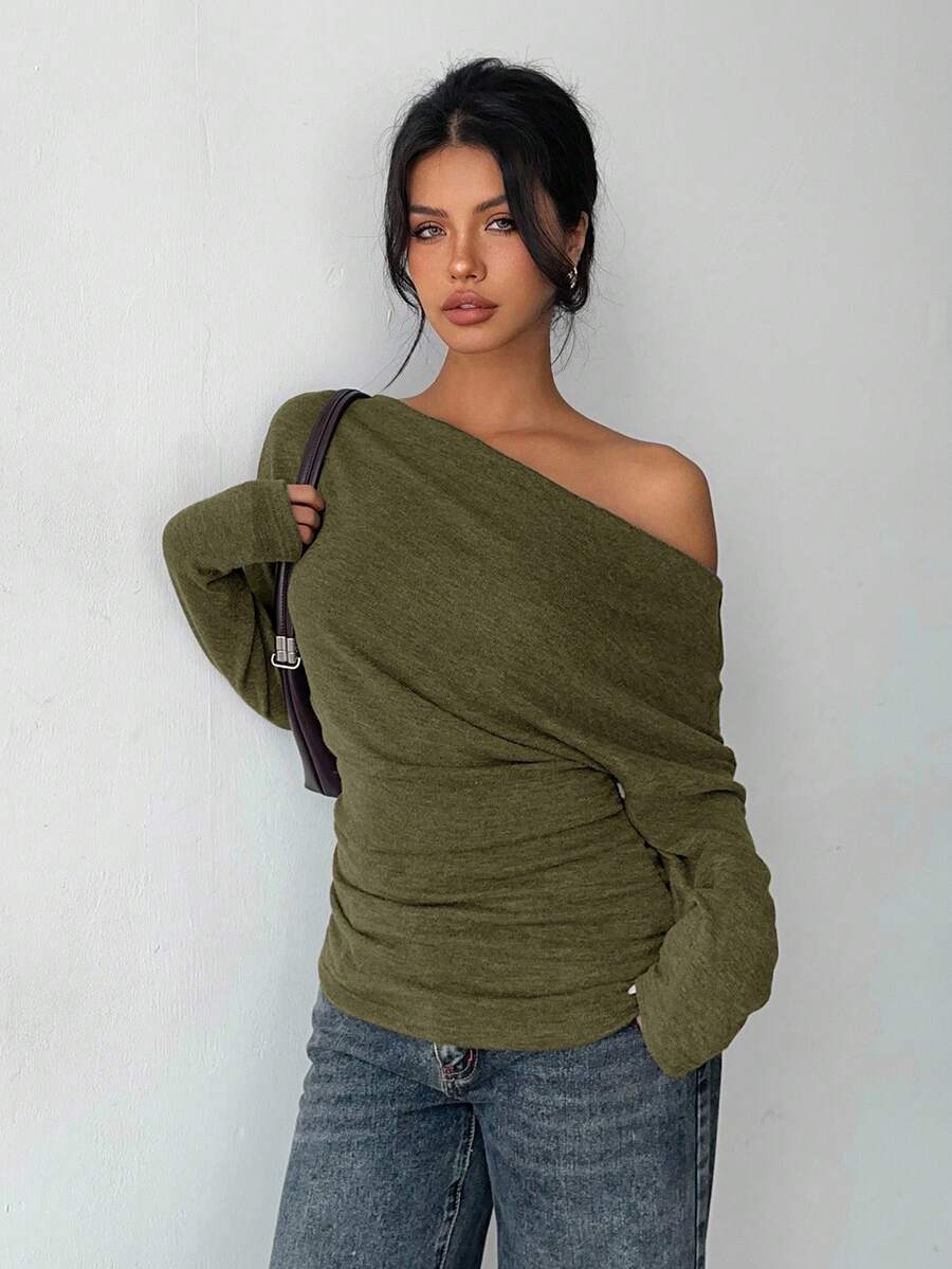 Aloruh Grey Knit Oblique Shoulder Casual Commuter Top, Autumn,Solid Color T-Shirt,Long-Sleeved T-Shirt,Old Money Style,Simple,Commuting,Business Casual Outfits Women,Office Outfits For Women,Work Tops,Fall Clothes,Autumn Outfits For Women,Off The Shoulder Top