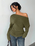 Aloruh Grey Knit Oblique Shoulder Casual Commuter Top, Autumn,Solid Color T-Shirt,Long-Sleeved T-Shirt,Old Money Style,Simple,Commuting,Business Casual Outfits Women,Office Outfits For Women,Work Tops,Fall Clothes,Autumn Outfits For Women,Off The Shoulder Top