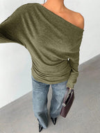 Aloruh Grey Knit Oblique Shoulder Casual Commuter Top, Autumn,Solid Color T-Shirt,Long-Sleeved T-Shirt,Old Money Style,Simple,Commuting,Business Casual Outfits Women,Office Outfits For Women,Work Tops,Fall Clothes,Autumn Outfits For Women,Off The Shoulder Top