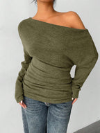 Aloruh Grey Knit Oblique Shoulder Casual Commuter Top, Autumn,Solid Color T-Shirt,Long-Sleeved T-Shirt,Old Money Style,Simple,Commuting,Business Casual Outfits Women,Office Outfits For Women,Work Tops,Fall Clothes,Autumn Outfits For Women,Off The Shoulder Top