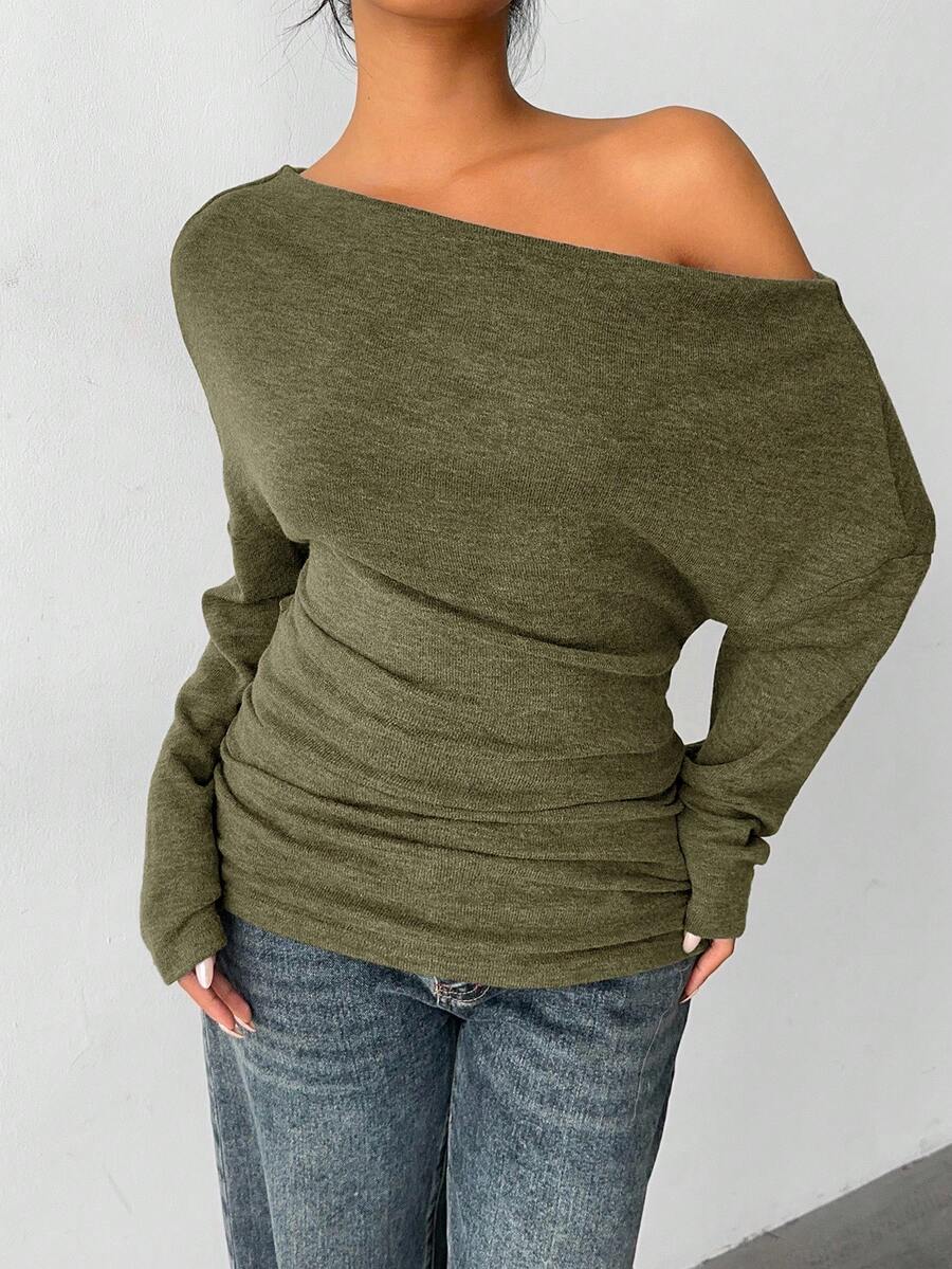 Aloruh Grey Knit Oblique Shoulder Casual Commuter Top, Autumn,Solid Color T-Shirt,Long-Sleeved T-Shirt,Old Money Style,Simple,Commuting,Business Casual Outfits Women,Office Outfits For Women,Work Tops,Fall Clothes,Autumn Outfits For Women,Off The Shoulder Top