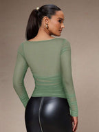 Silquee Women's Solid Color Plunging Neck Long Sleeve Fitted Fashionable Mesh Blouse See Through Top Mesh Top Top Long Sleeve Top
