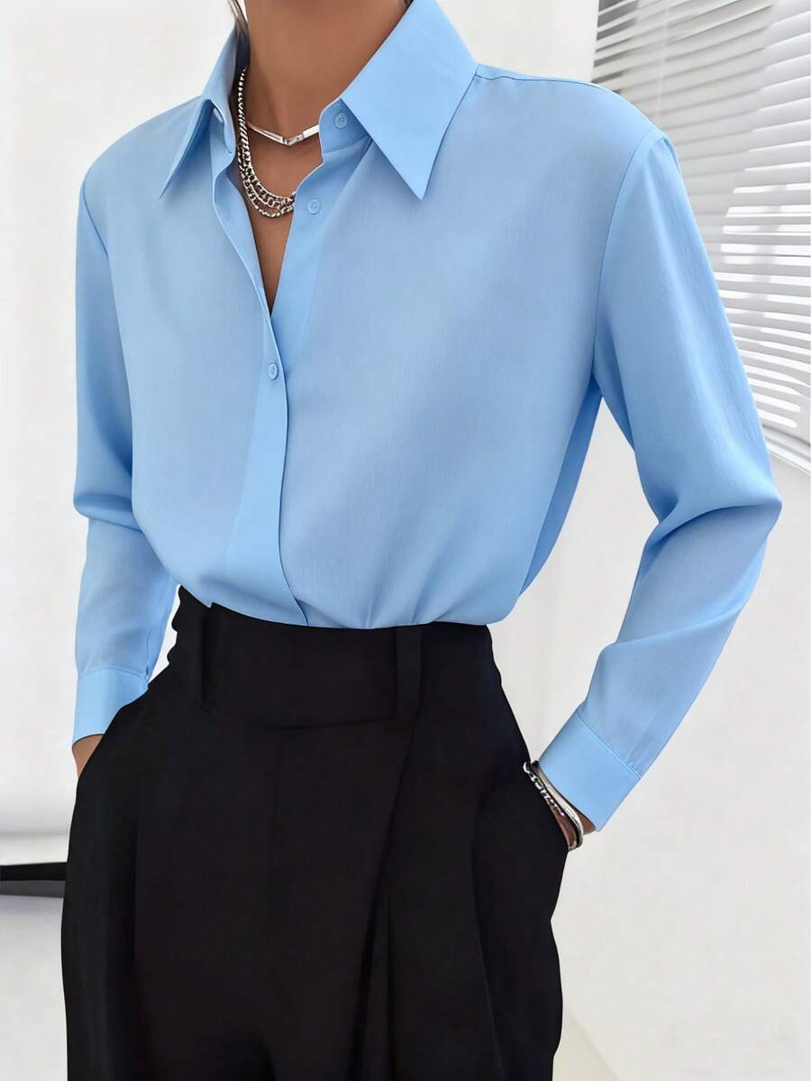 Classic Women's Black Button Detail Long Sleeve Regular Collar Shirt