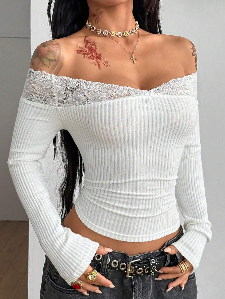 Coolane Women's Winter Streetwear Basic Casual Y2K Rib Knit Witchy Goth Music Festival  Lace Patchwork Off The Shoulder Warm/ Cold Weather/ Thermal Long Sleeve Black Top