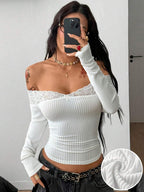 Coolane Women's Winter Streetwear Basic Casual Y2K Rib Knit Witchy Goth Music Festival  Lace Patchwork Off The Shoulder Warm/ Cold Weather/ Thermal Long Sleeve Black Top