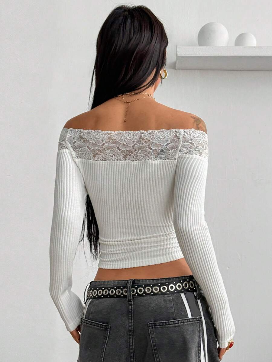 Coolane Women's Winter Streetwear Basic Casual Y2K Rib Knit Witchy Goth Music Festival  Lace Patchwork Off The Shoulder Warm/ Cold Weather/ Thermal Long Sleeve Black Top