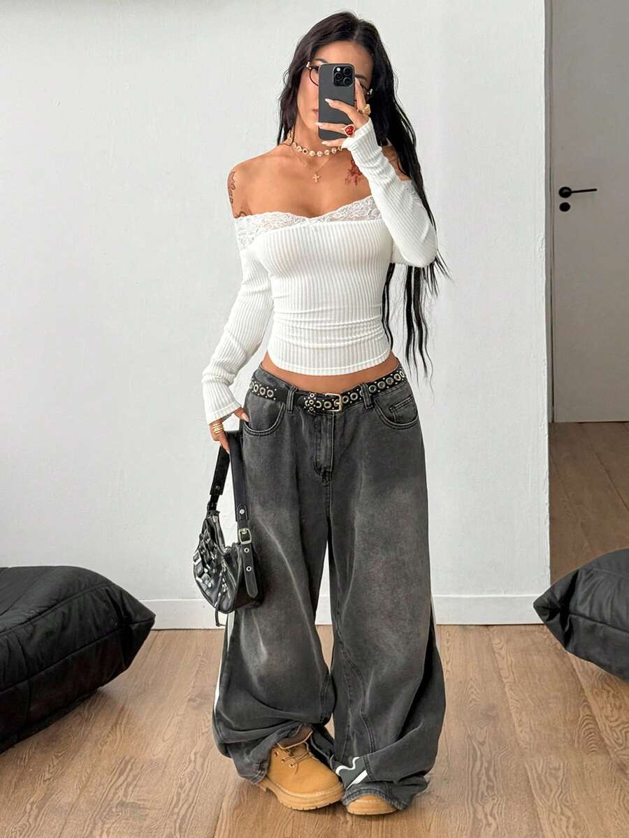 Coolane Women's Winter Streetwear Basic Casual Y2K Rib Knit Witchy Goth Music Festival  Lace Patchwork Off The Shoulder Warm/ Cold Weather/ Thermal Long Sleeve Black Top