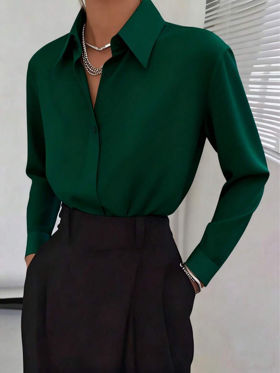 Classic Women's Black Button Detail Long Sleeve Regular Collar Shirt