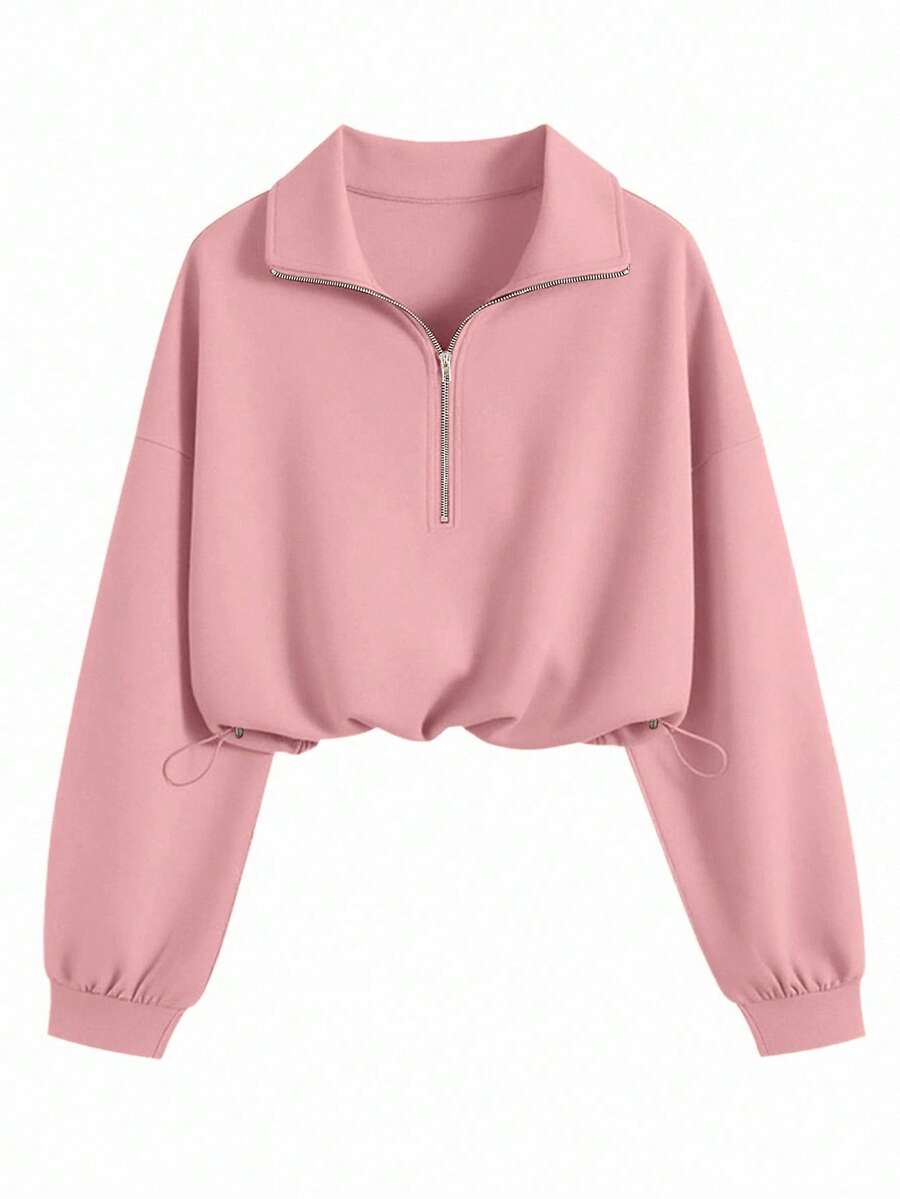 Airaco Women's Solid Color Drop Shoulder Long Sleeve Vintage American Style Half Zip Niche Sweatshirt Pullover Fall