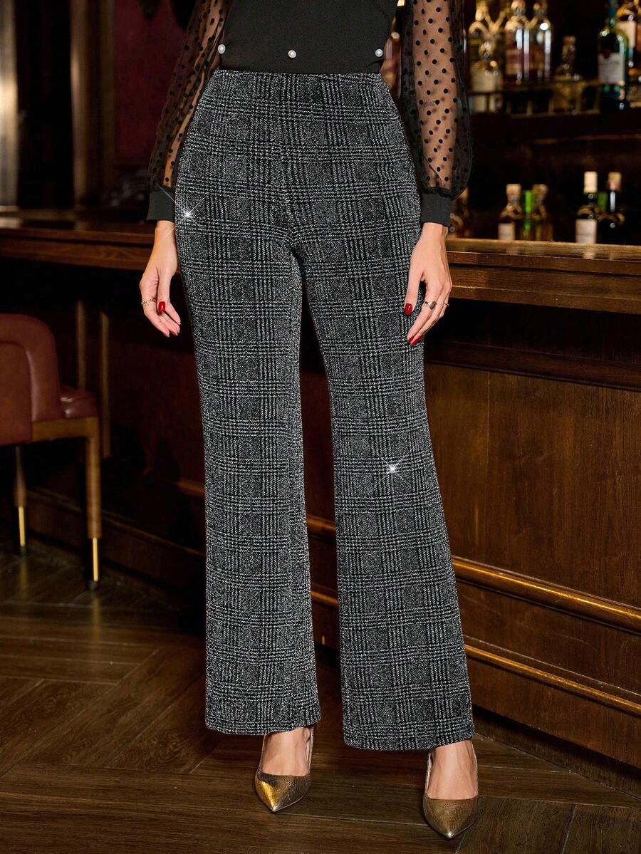 SHEIN Clasi Summer Elegant Women's Plaid Printed Elastic Knitted Pants, Suitable For Various Occasions, Suitable For Summer Vacation, Elegant Travel, And Daily Commuting Business Casual Woman