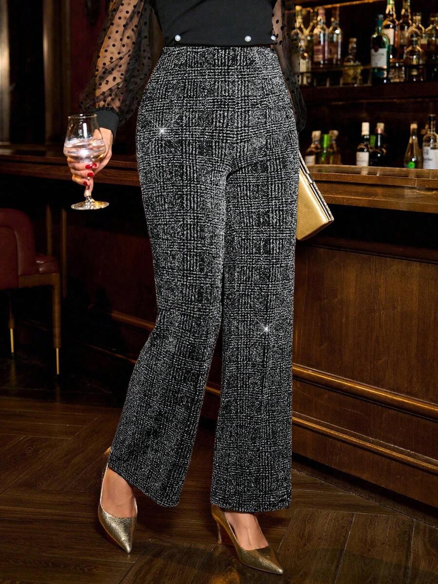 SHEIN Clasi Summer Elegant Women's Plaid Printed Elastic Knitted Pants, Suitable For Various Occasions, Suitable For Summer Vacation, Elegant Travel, And Daily Commuting Business Casual Woman