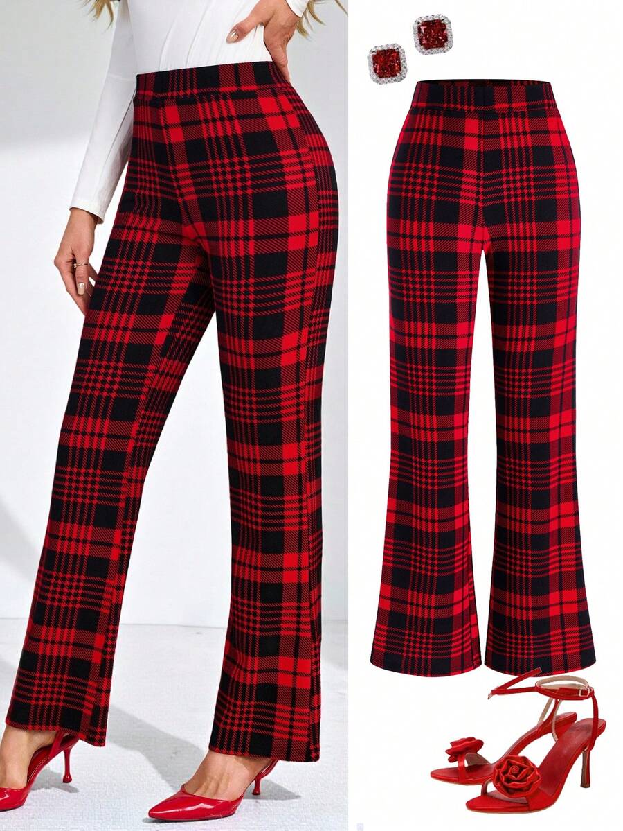 SHEIN Clasi Summer Elegant Women's Plaid Printed Elastic Knitted Pants, Suitable For Various Occasions, Suitable For Summer Vacation, Elegant Travel, And Daily Commuting Business Casual Woman