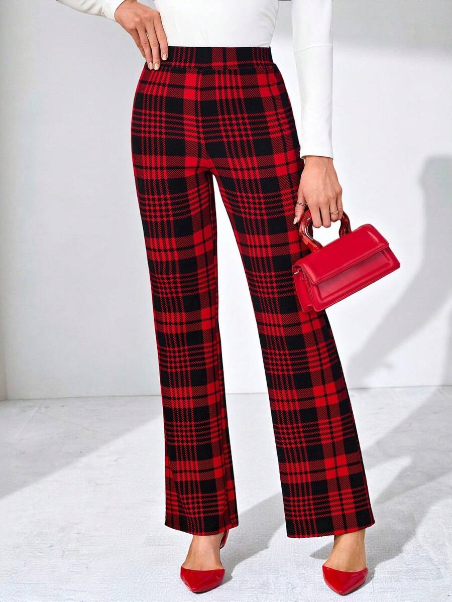 SHEIN Clasi Summer Elegant Women's Plaid Printed Elastic Knitted Pants, Suitable For Various Occasions, Suitable For Summer Vacation, Elegant Travel, And Daily Commuting Business Casual Woman