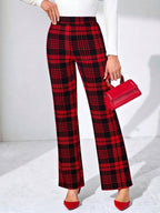 SHEIN Clasi Summer Elegant Women's Plaid Printed Elastic Knitted Pants, Suitable For Various Occasions, Suitable For Summer Vacation, Elegant Travel, And Daily Commuting Business Casual Woman