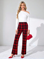 SHEIN Clasi Summer Elegant Women's Plaid Printed Elastic Knitted Pants, Suitable For Various Occasions, Suitable For Summer Vacation, Elegant Travel, And Daily Commuting Business Casual Woman