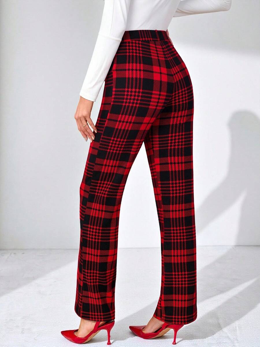 SHEIN Clasi Summer Elegant Women's Plaid Printed Elastic Knitted Pants, Suitable For Various Occasions, Suitable For Summer Vacation, Elegant Travel, And Daily Commuting Business Casual Woman