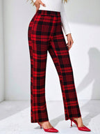 SHEIN Clasi Summer Elegant Women's Plaid Printed Elastic Knitted Pants, Suitable For Various Occasions, Suitable For Summer Vacation, Elegant Travel, And Daily Commuting Business Casual Woman
