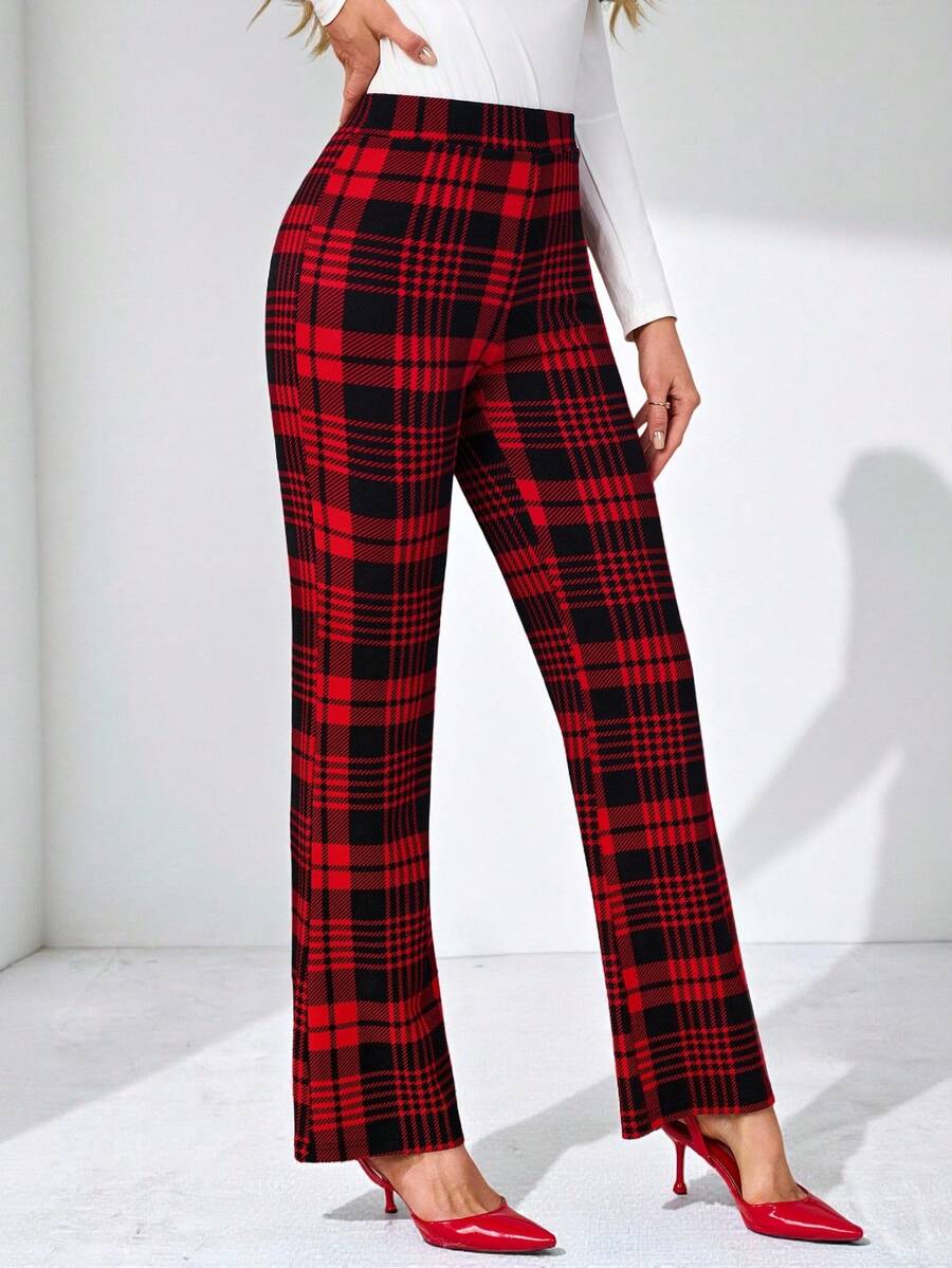 SHEIN Clasi Summer Elegant Women's Plaid Printed Elastic Knitted Pants, Suitable For Various Occasions, Suitable For Summer Vacation, Elegant Travel, And Daily Commuting Business Casual Woman