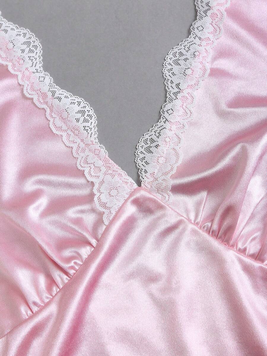 Sweetra Women's Spring Lace Trim V-Neck Fitted A-Line Sexy Pink Dress