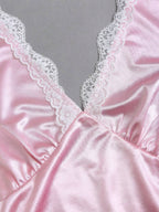 Sweetra Women's Spring Lace Trim V-Neck Fitted A-Line Sexy Pink Dress