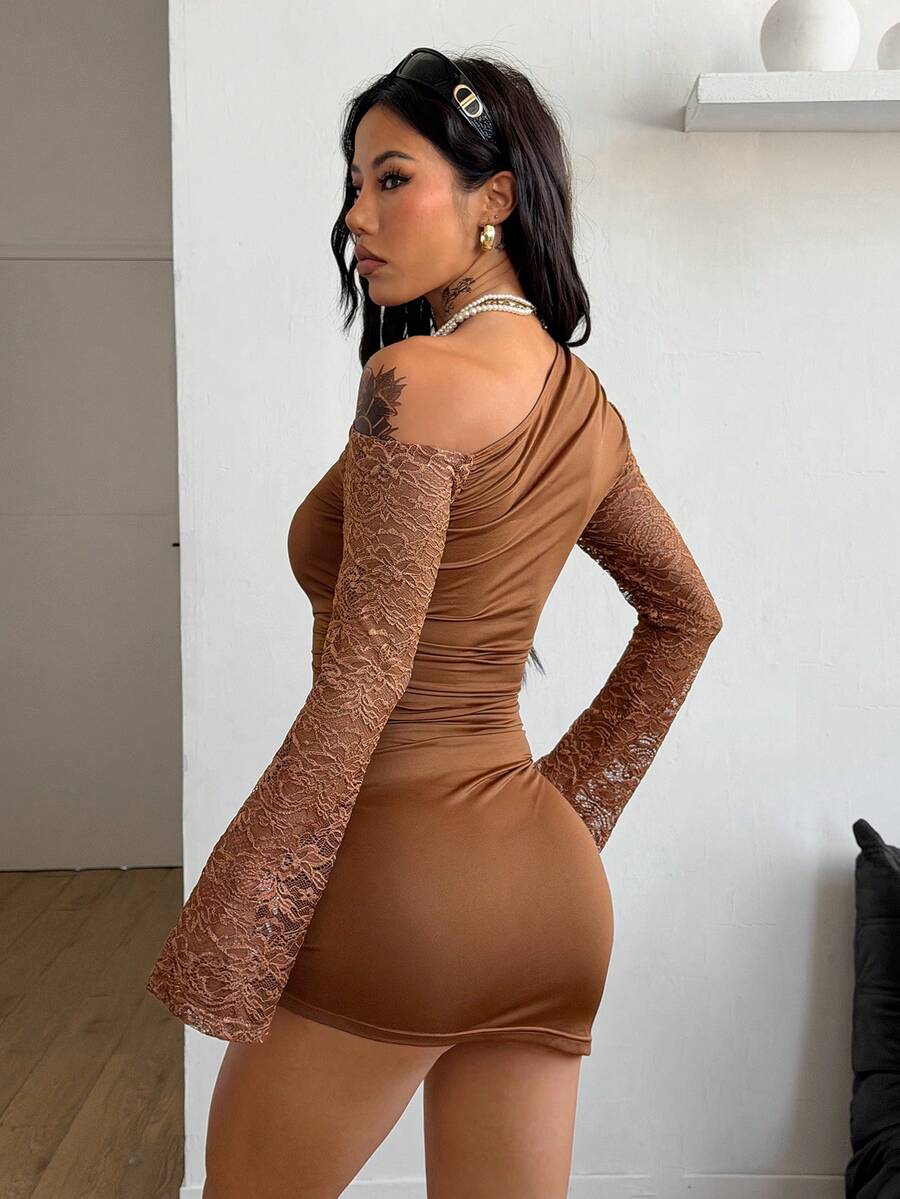 Coolane Women's Spring New Year Eve Date Night Coquette Rib Knit Ruched Asymmetrical Neck Slim Fit Skirts Mini Ruched Dresses For Elegant,Valentine's Day, Nye Outfit,Summer Dresses For Women