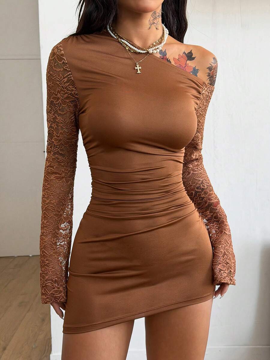 Coolane Women's Spring New Year Eve Date Night Coquette Rib Knit Ruched Asymmetrical Neck Slim Fit Skirts Mini Ruched Dresses For Elegant,Valentine's Day, Nye Outfit,Summer Dresses For Women