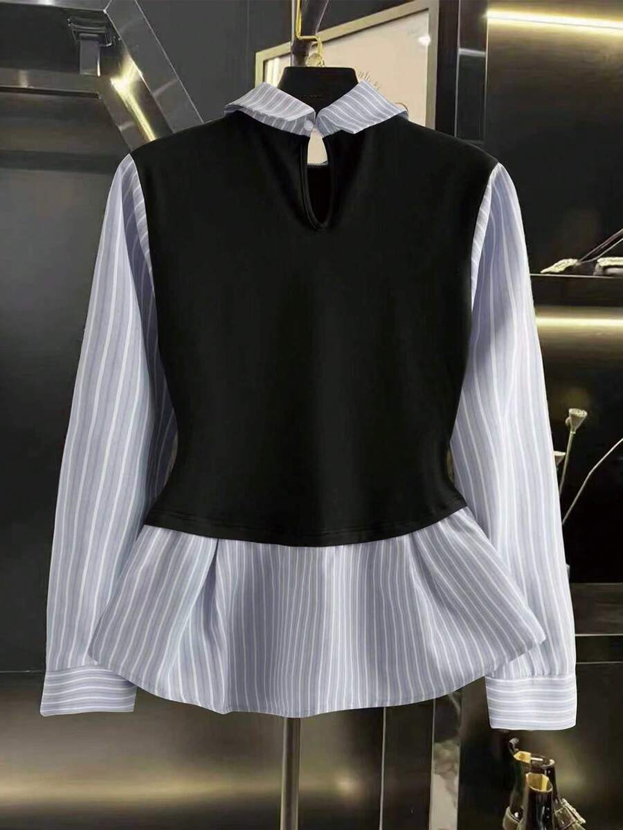GlowEve Women's Contrast Color Block Striped Long Sleeve Ruffle Trim Button Front Fashionable 2 In 1 Shirt