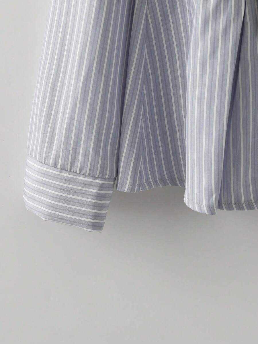 GlowEve Women's Contrast Color Block Striped Long Sleeve Ruffle Trim Button Front Fashionable 2 In 1 Shirt