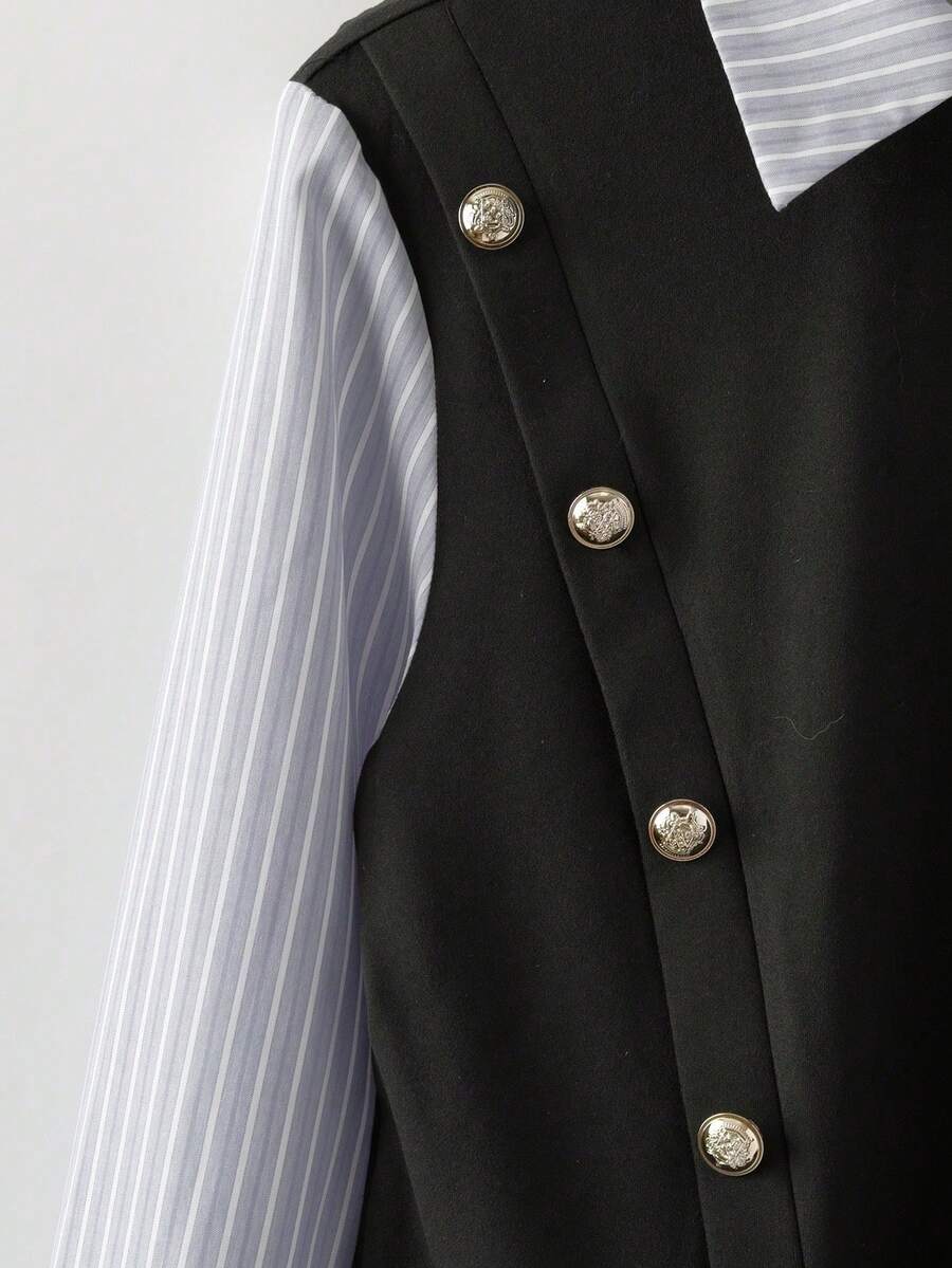 GlowEve Women's Contrast Color Block Striped Long Sleeve Ruffle Trim Button Front Fashionable 2 In 1 Shirt