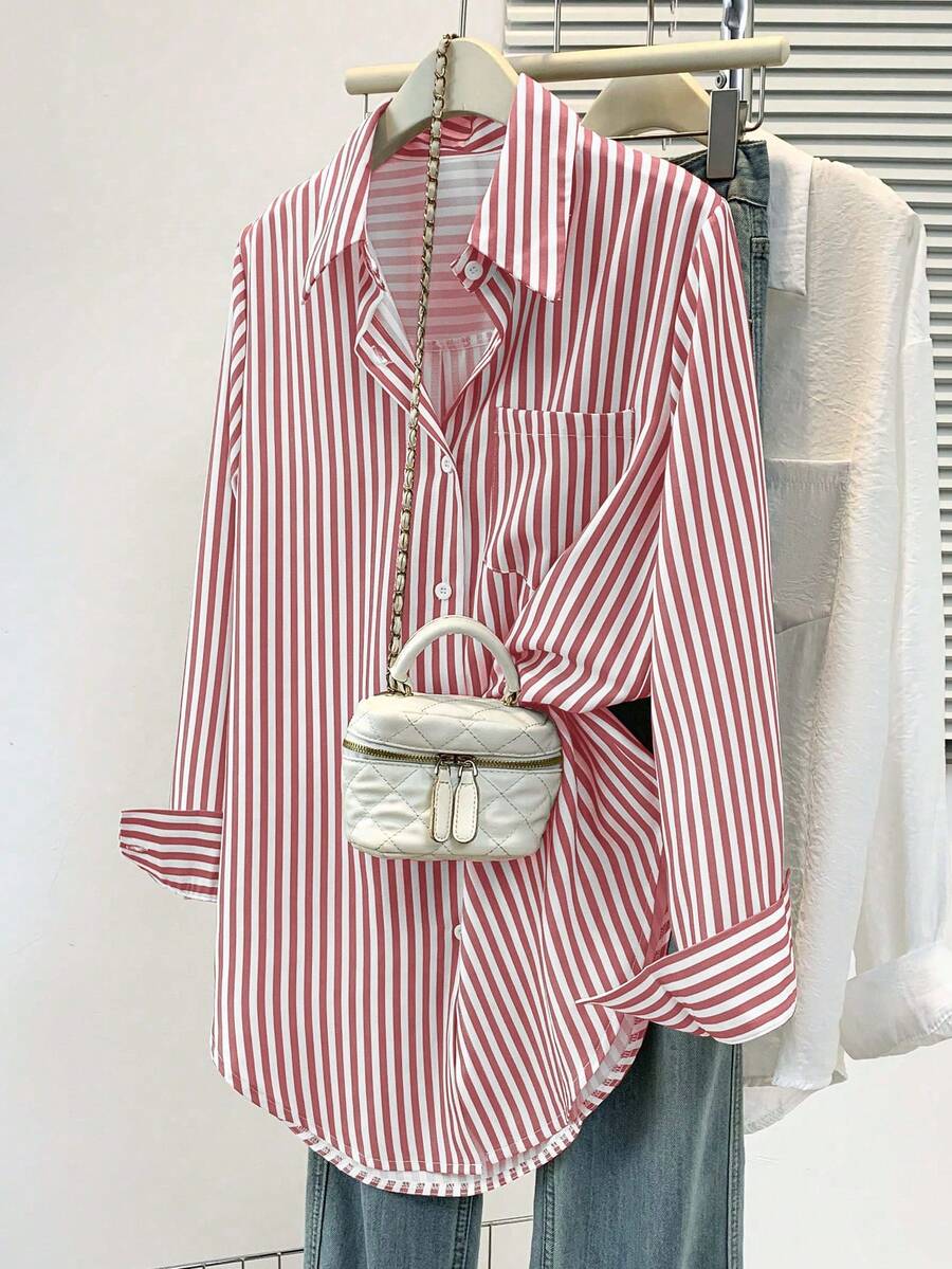 Women's Casual Basic Striped Pointed Collar Long Sleeve Shirt Blouse With Button Pockets, Suitable For Daily Office Wear, Autumn/Winter/Spring