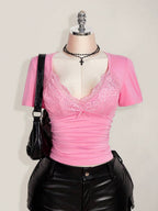 SHEIN ICON Plus Size V-Neck Lace Patchwork Waist Ruched Fitted Knit Top, Sexy T-Shirt For Spring/Summer, Wedding Guest Top