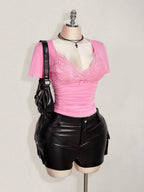 SHEIN ICON Plus Size V-Neck Lace Patchwork Waist Ruched Fitted Knit Top, Sexy T-Shirt For Spring/Summer, Wedding Guest Top