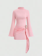 Sweetra Women's Stand Collar Cinched Waist Minimalist Flare Sleeve Bodycon Midi Dress