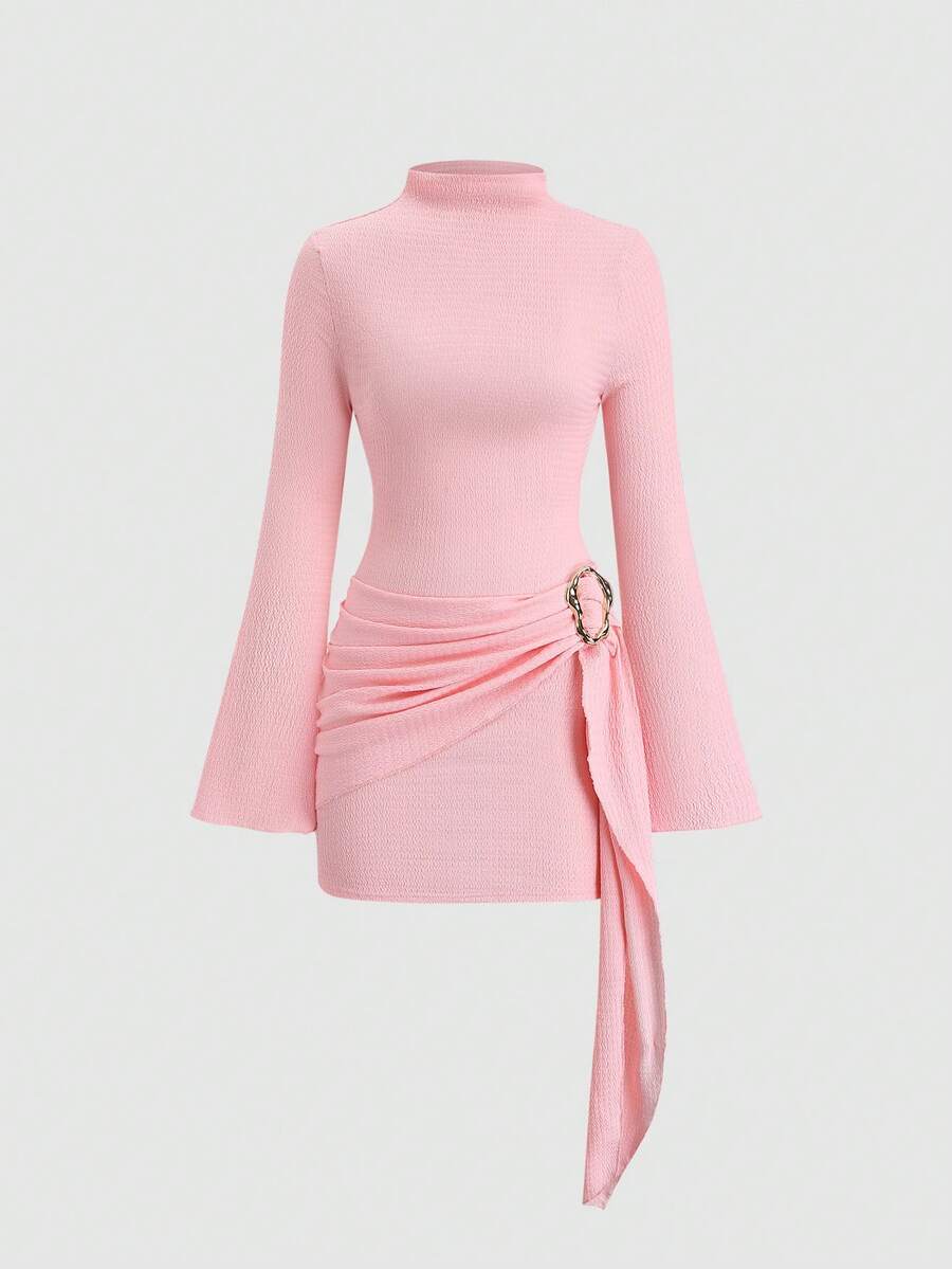 Sweetra Women's Stand Collar Cinched Waist Minimalist Flare Sleeve Bodycon Midi Dress