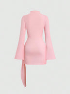 Sweetra Women's Stand Collar Cinched Waist Minimalist Flare Sleeve Bodycon Midi Dress