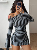 Coolane Women's Spring New Year Eve Date Night Coquette Rib Knit Ruched Asymmetrical Neck Slim Fit Skirts Mini Ruched Dresses For Elegant,Valentine's Day, Nye Outfit,Summer Dresses For Women