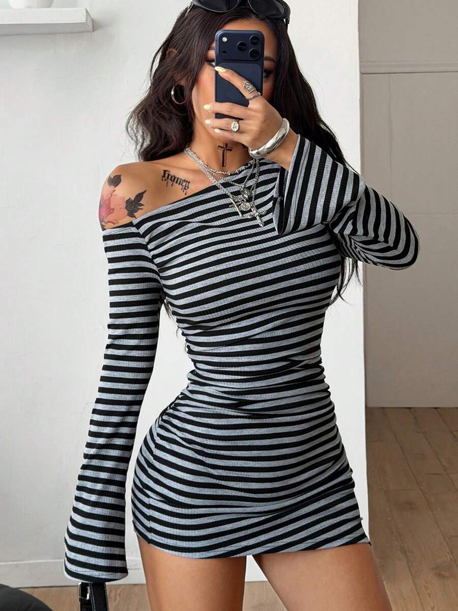Coolane Women's Spring New Year Eve Date Night Coquette Rib Knit Ruched Asymmetrical Neck Slim Fit Skirts Mini Ruched Dresses For Elegant,Valentine's Day, Nye Outfit,Summer Dresses For Women
