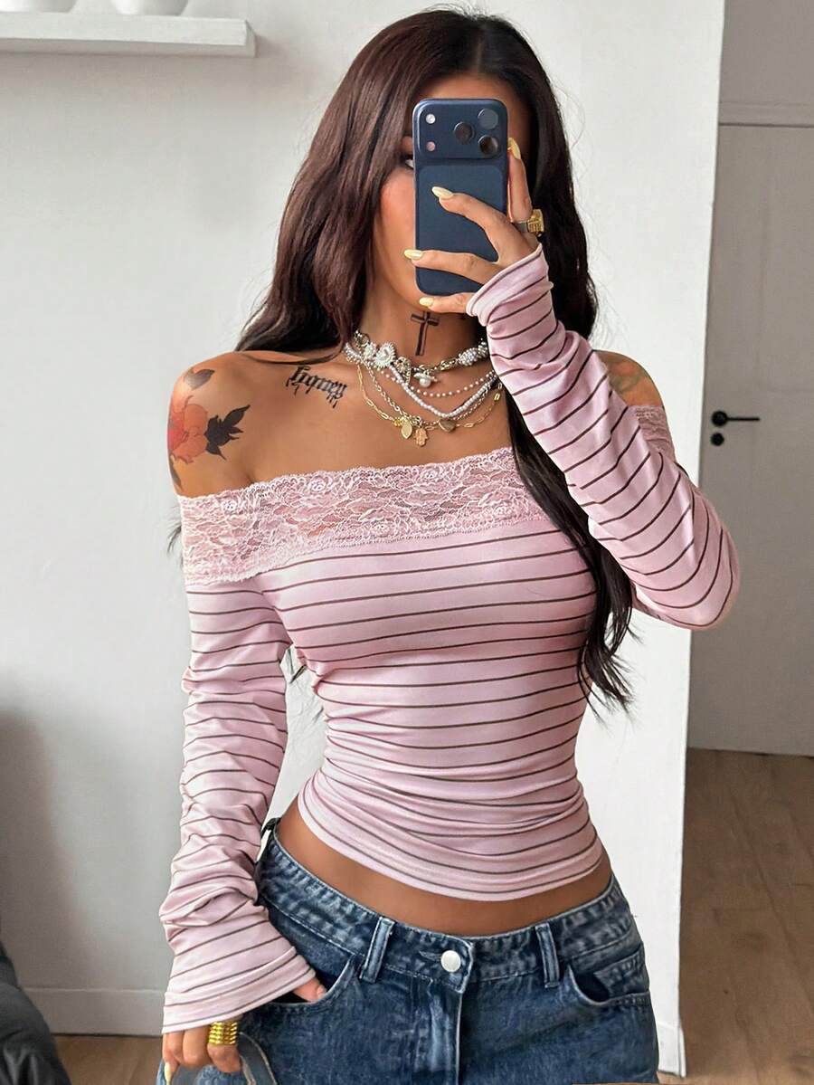 Coolane Women's Winter Streetwear Basic Casual Y2K Rib Knit Witchy Goth Music Festival  Lace Patchwork Off The Shoulder Warm/ Cold Weather/ Thermal Long Sleeve Black Top
